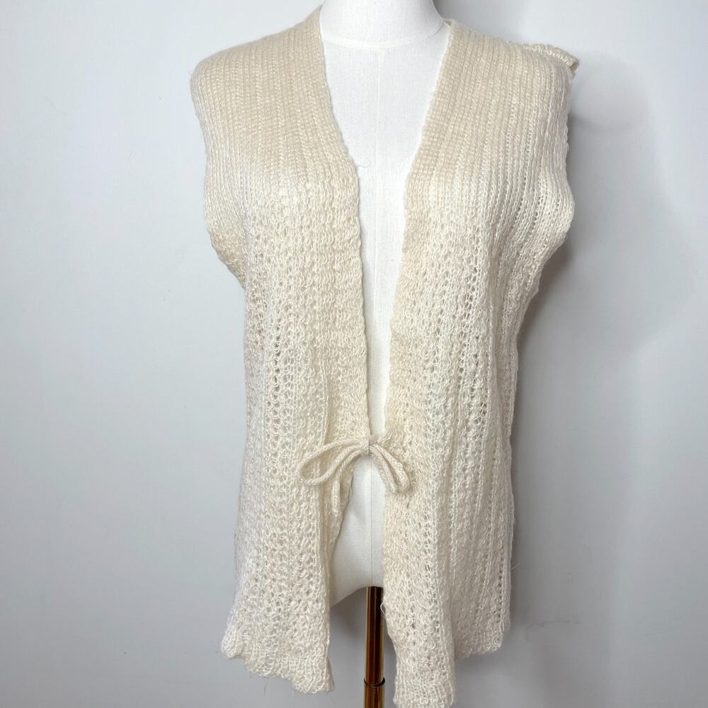Vintage‎ 80s 90s Pointelle Sweater Vest Sz L/XL Tie Front Cottage Minimalist